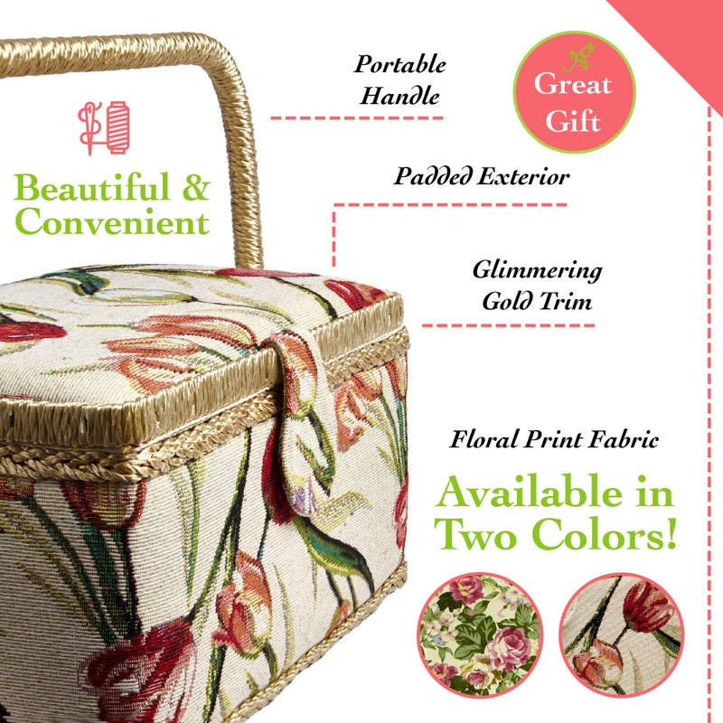 Adolfo Design Sewing Basket with Tulip Floral Print Design- Sewing Kit Storage Box with Removable Tray, Built-In Pin Cushion and Interior Pocket - Large - 12" x 9" x 6" - by Adolfo Design - Image 3